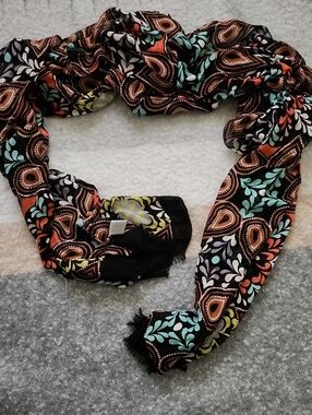 Soft Boho Paisley & Floral Scarf Black with Teal & Orange 100% Rayon Boho Retro